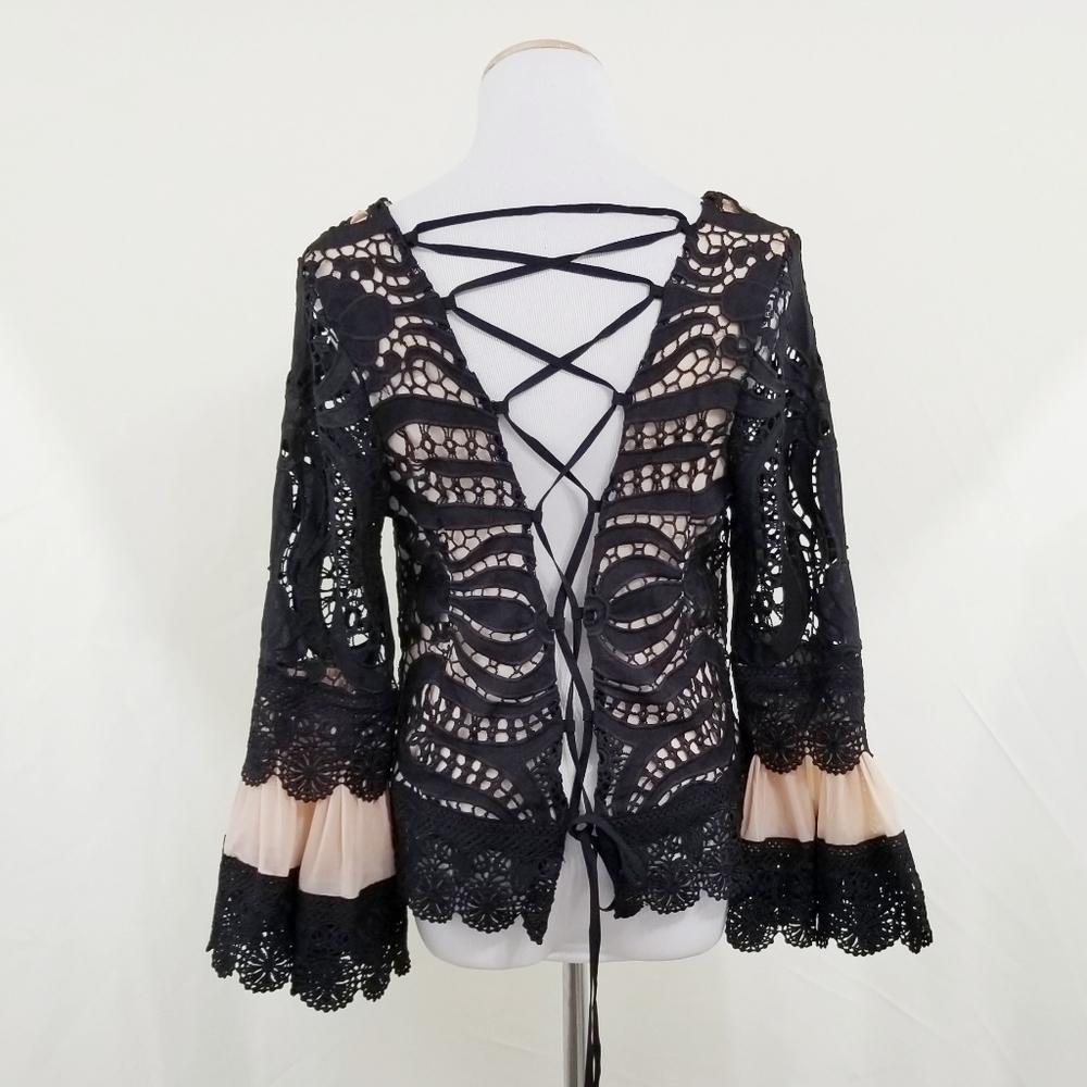 Venus Corset back lace top black bell sleeves statement women's size 10 - Picture 2 of 8